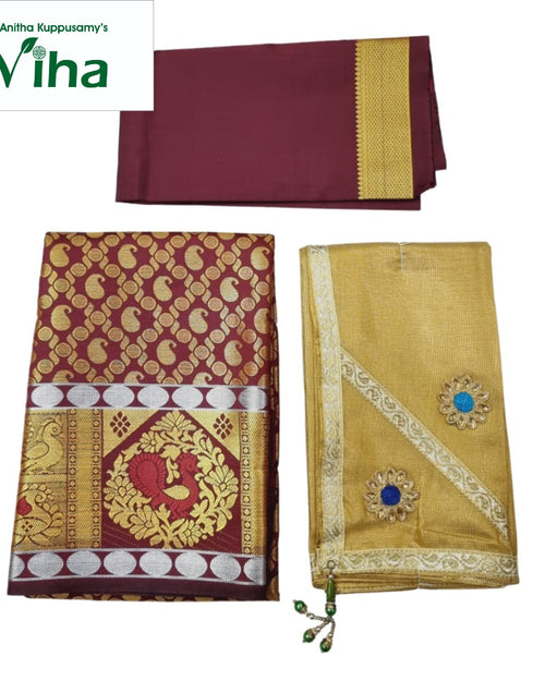Apoorva Silk Half Saree Set, maroon and gold-toned, with a gold-toned border