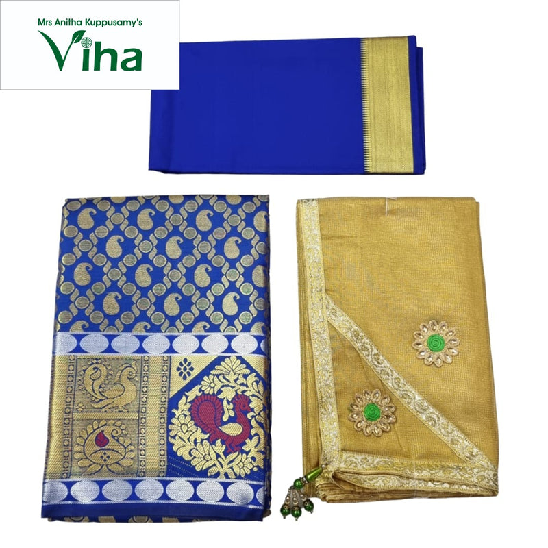 Apoorva Silk Half Saree Set with paisley and peacock design motifs and fringe border