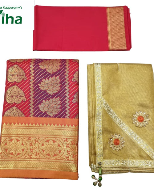 Apoorva Silk Half Saree Set, a red and gold-toned patterned fabric, a solid red fabric, and a gold-toned fabric with two floral appliqués