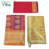 Apoorva Silk Half Saree Set, a red and gold-toned patterned fabric, a solid red fabric, and a gold-toned fabric with two floral appliqués