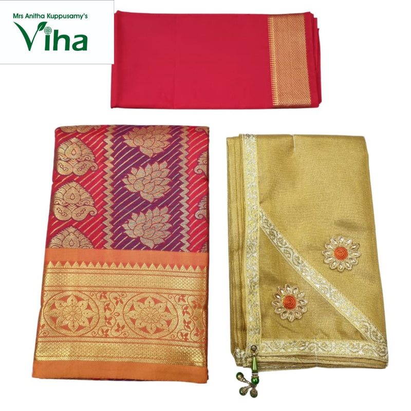 Apoorva Silk Half Saree Set, a red and gold-toned patterned fabric, a solid red fabric, and a gold-toned fabric with two floral appliqués