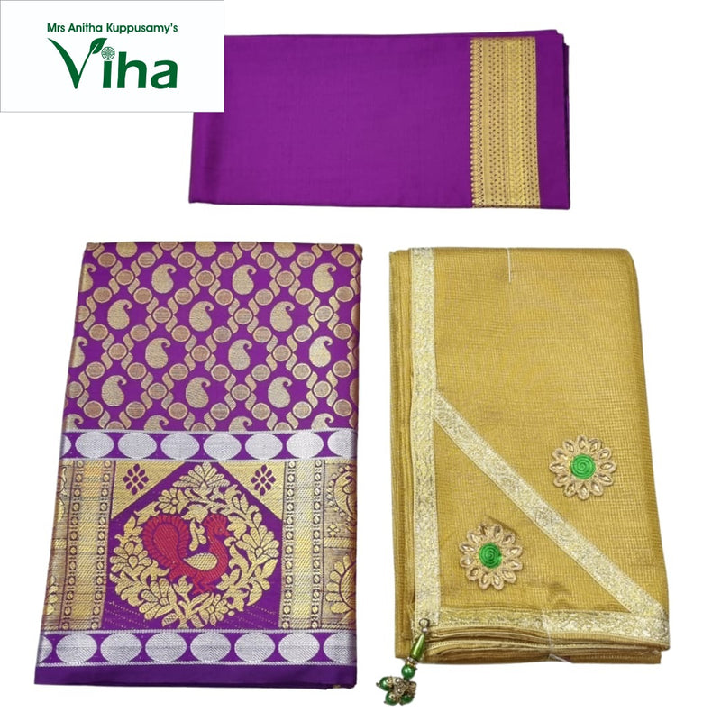 Apoorva Silk Half Saree Set, a purple textile with gold-toned and silver-toned woven patterns, alongside a folded gold-toned textile