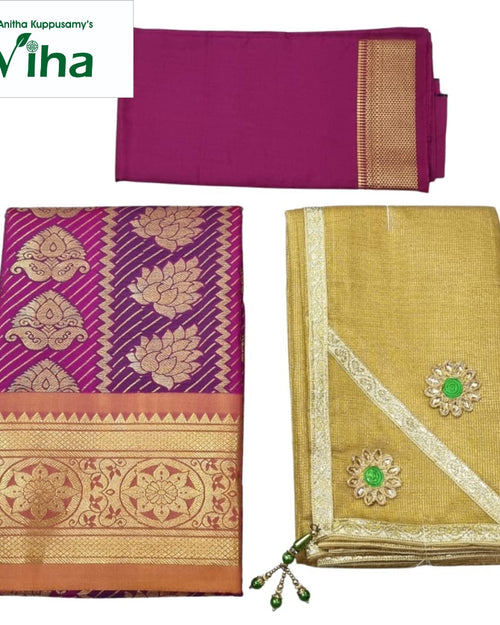 Apoorva Silk Half Saree Set with floral and leaf motifs and diagonal stripes