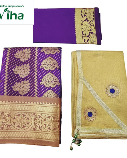 Apoorva Silk Half Saree Set with purple and gold-toned floral and paisley patterns