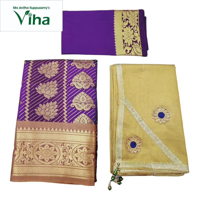 Apoorva Silk Half Saree Set with purple and gold-toned floral and paisley patterns