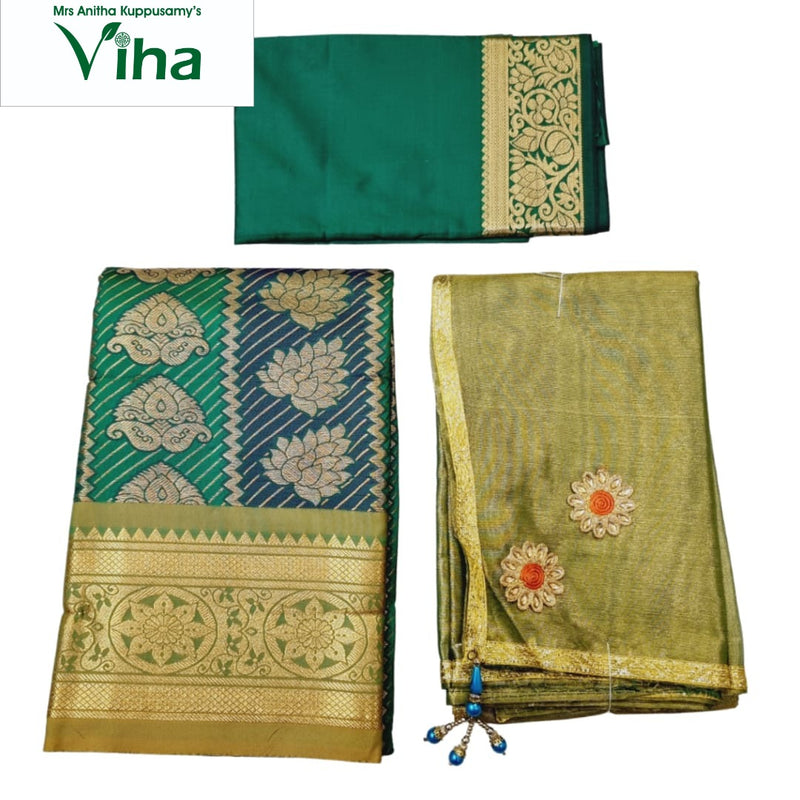 Apoorva Silk Half Saree Set, floral embroidered motifs and blue-bead tassels