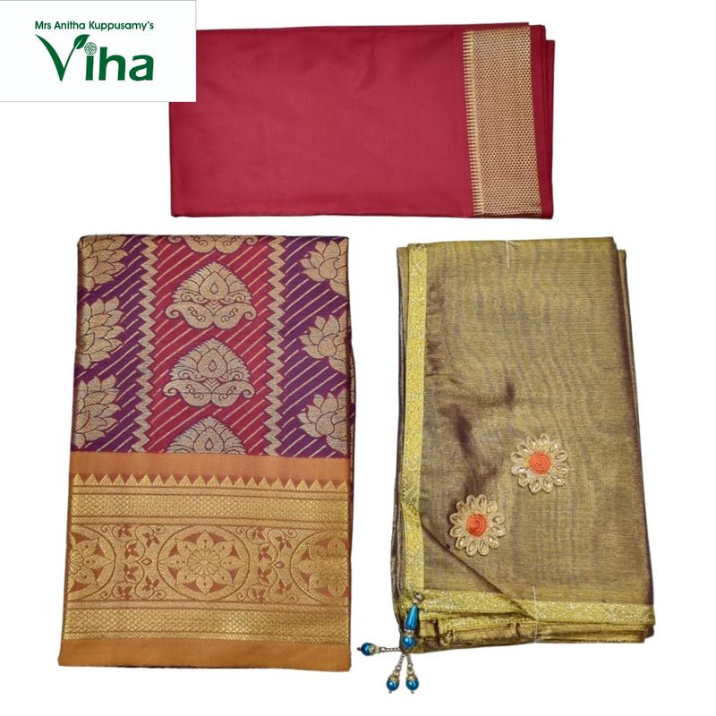 Apoorva Silk Half Saree Set with floral and paisley motifs and embroidered circular appliqués