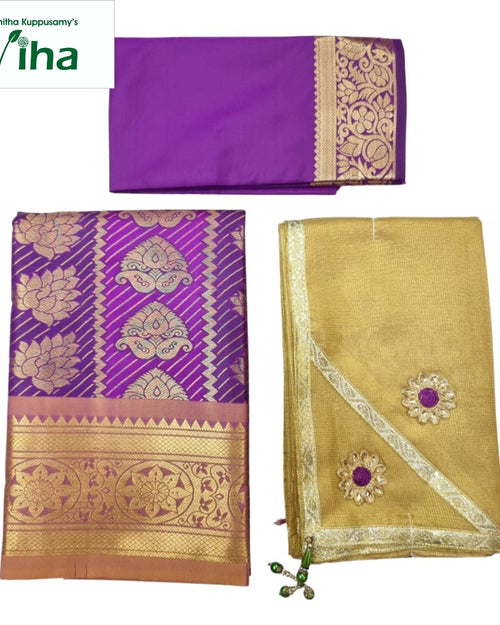 Apoorva Silk Half Saree Set with purple and gold-toned intricate woven gold-toned patterns