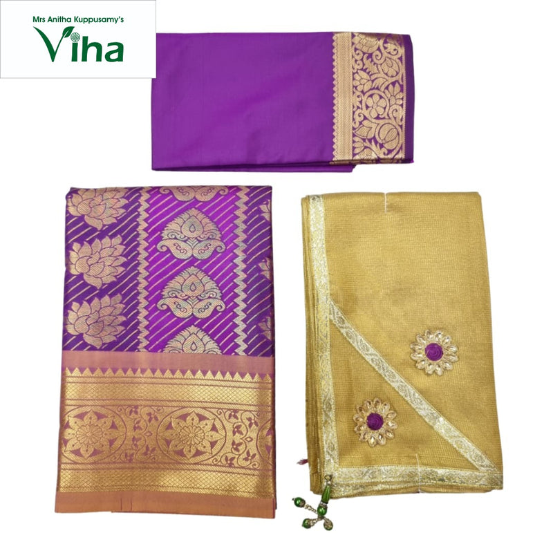 Apoorva Silk Half Saree Set with purple and gold-toned intricate woven gold-toned patterns