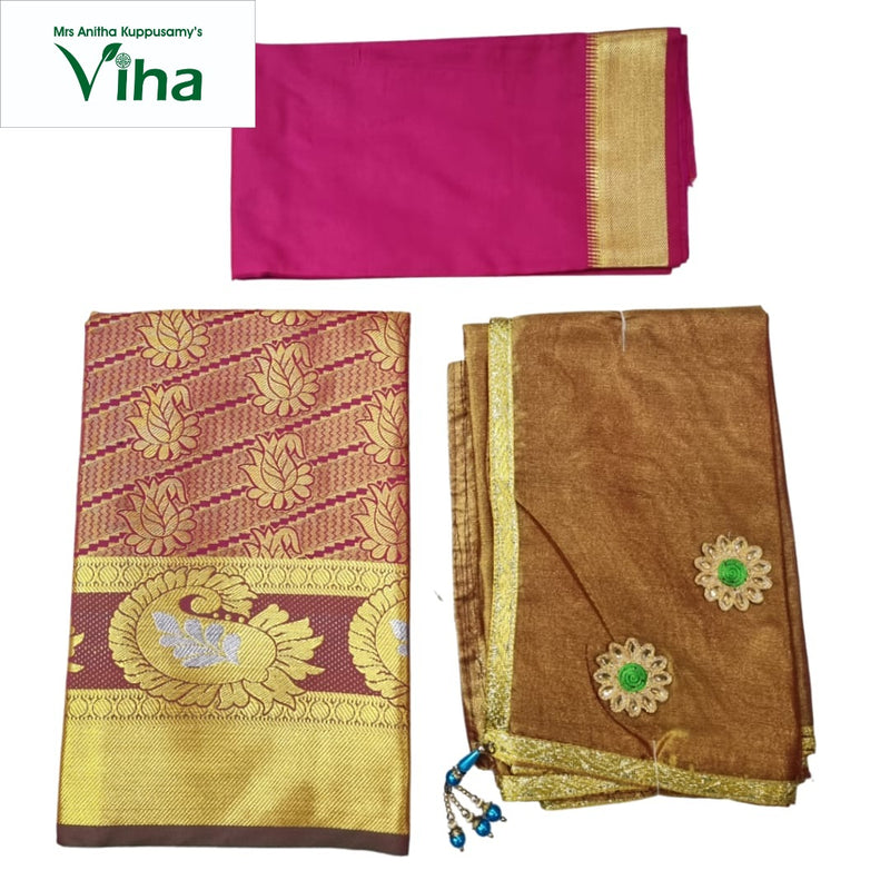 Apoorva Silk Half Saree Set with floral and paisley patterns and circular decorative patches