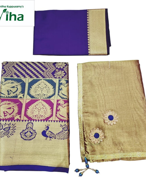 Apoorva Silk Half Saree Set, purple and gold-toned, with a scalloped edge and geometric patterns