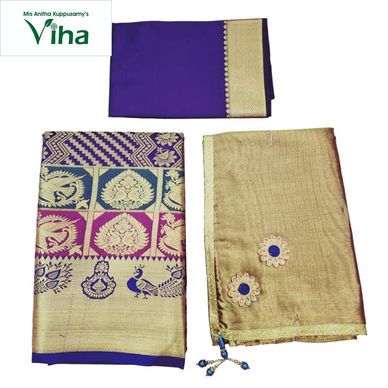 Apoorva Silk Half Saree Set, purple and gold-toned, with a scalloped edge and geometric patterns