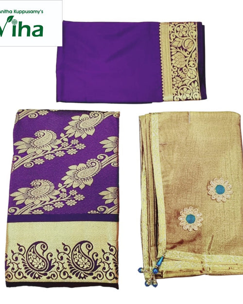 Apoorva Silk Half Saree Set with purple and gold-toned intricate floral pattern on purple fabric