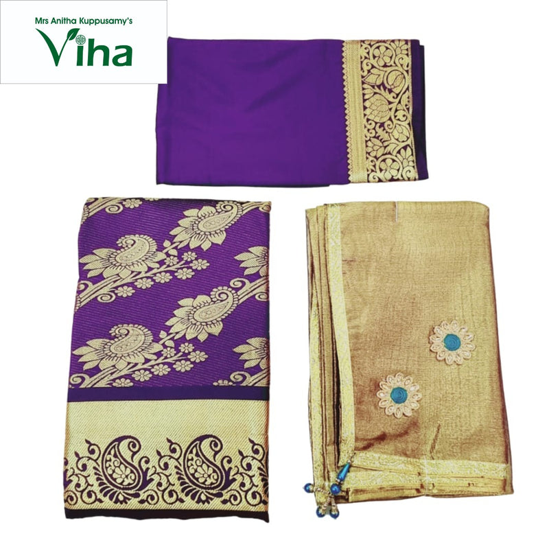 Apoorva Silk Half Saree Set with purple and gold-toned intricate floral pattern on purple fabric