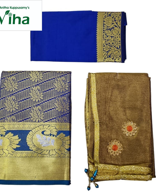 Apoorva Silk Half Saree Set, blue and gold-toned, with a floral border and paisley motifs