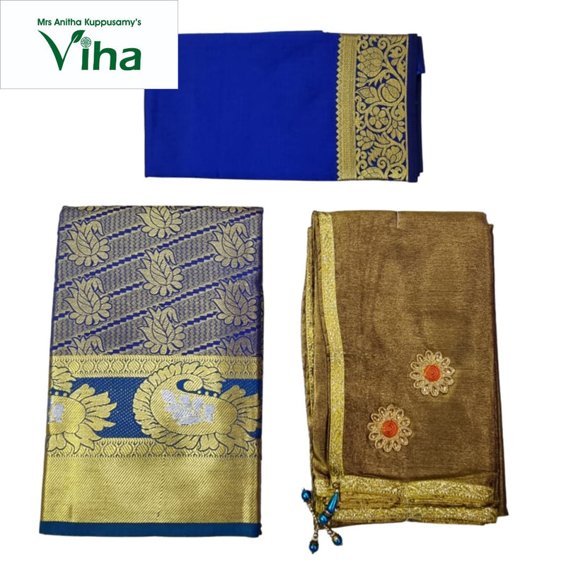 Apoorva Silk Half Saree Set, blue and gold-toned, with a floral border and paisley motifs