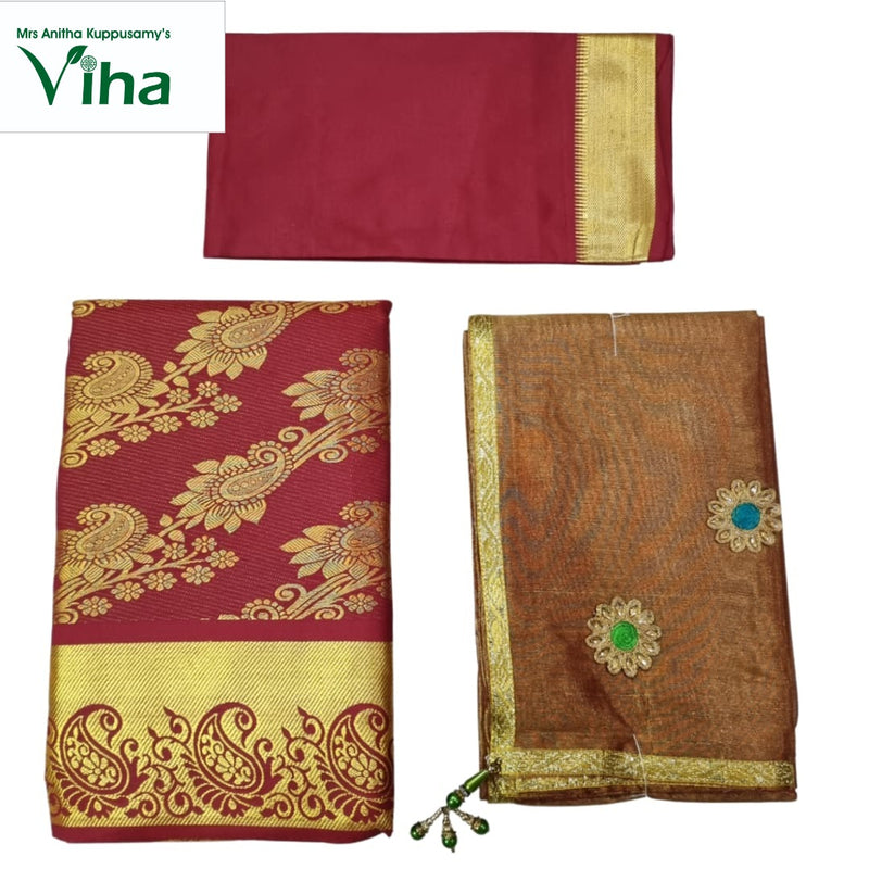 Apoorva Silk Half Saree Set with floral woven patterns and embroidered patches