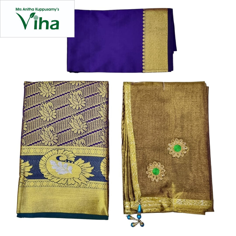 Apoorva Silk Half Saree Set with repeated floral and large peacock motifs