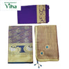 Apoorva Silk Half Saree Set, a folded purple fabric, a folded patterned fabric, and a folded brown fabric with two floral appliqués