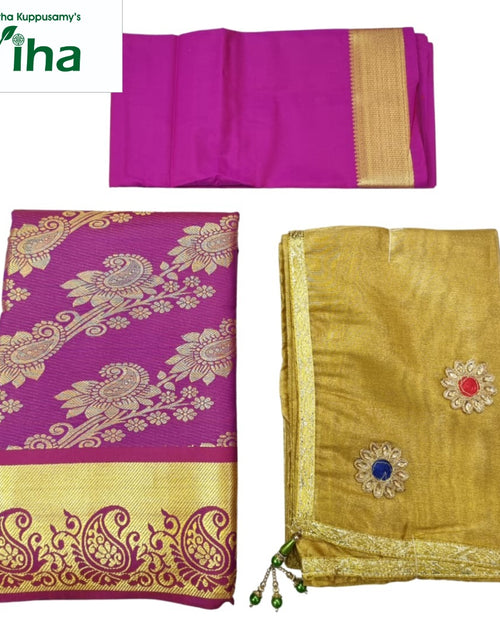 Apoorva Silk Half Saree Set, a magenta fabric with gold-toned motifs, a magenta folded textile with gold-toned border, and a gold-toned fabric