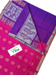 Cotton Silk Saree with Contrast Blouse & with Siver,Copper Zari pallu