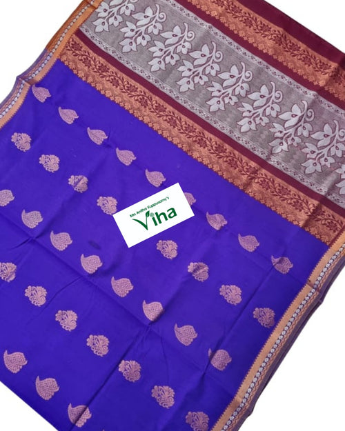 Cotton Silk Saree with Silver,Copper zari work Grand pallu & with Blouse, blue and maroon with small patterned motifs