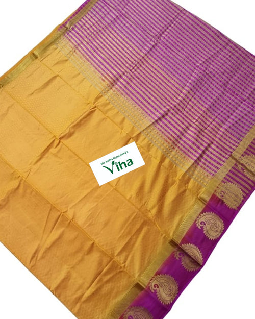 Tussar Silk with Contrast & with Contrast Blouse, yellow and magenta striped pattern with paisley motifs