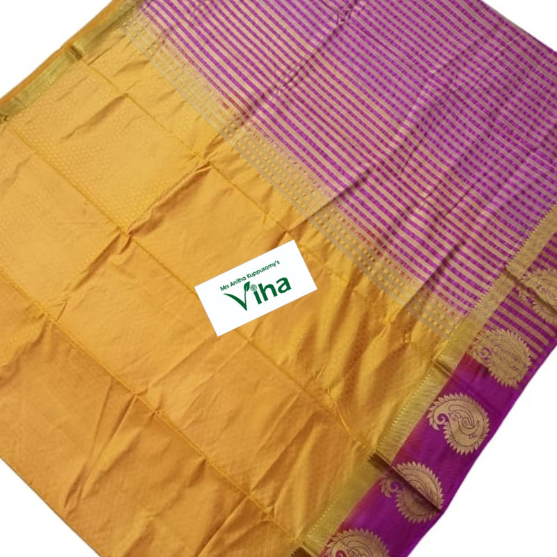 Tussar Silk with Contrast & with Contrast Blouse, yellow and magenta striped pattern with paisley motifs