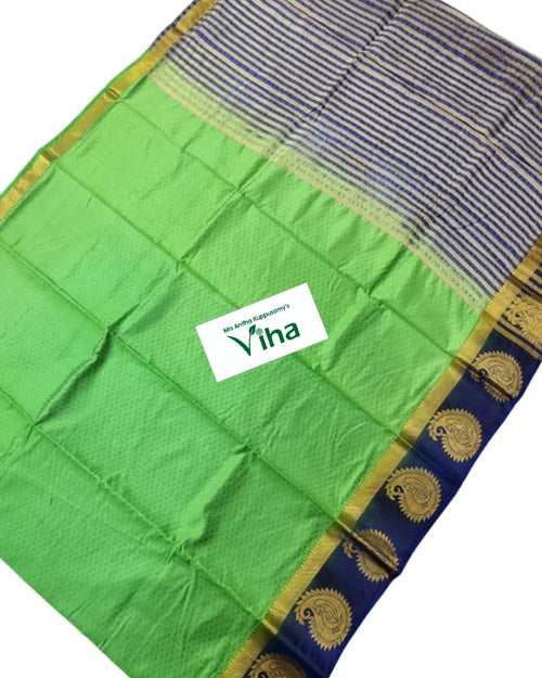 Tussar Silk with Contrast & with Contrast Blouse, green and blue striped pattern with gold-toned details
