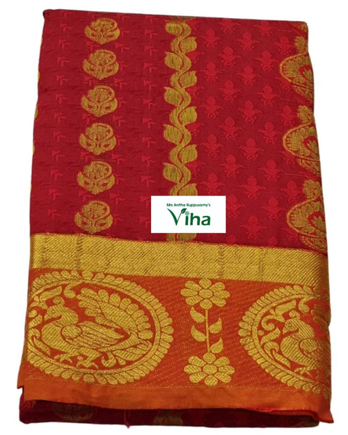 Silk Pavadai with running Blouse 8 to 16 years, repeating red flower patterns