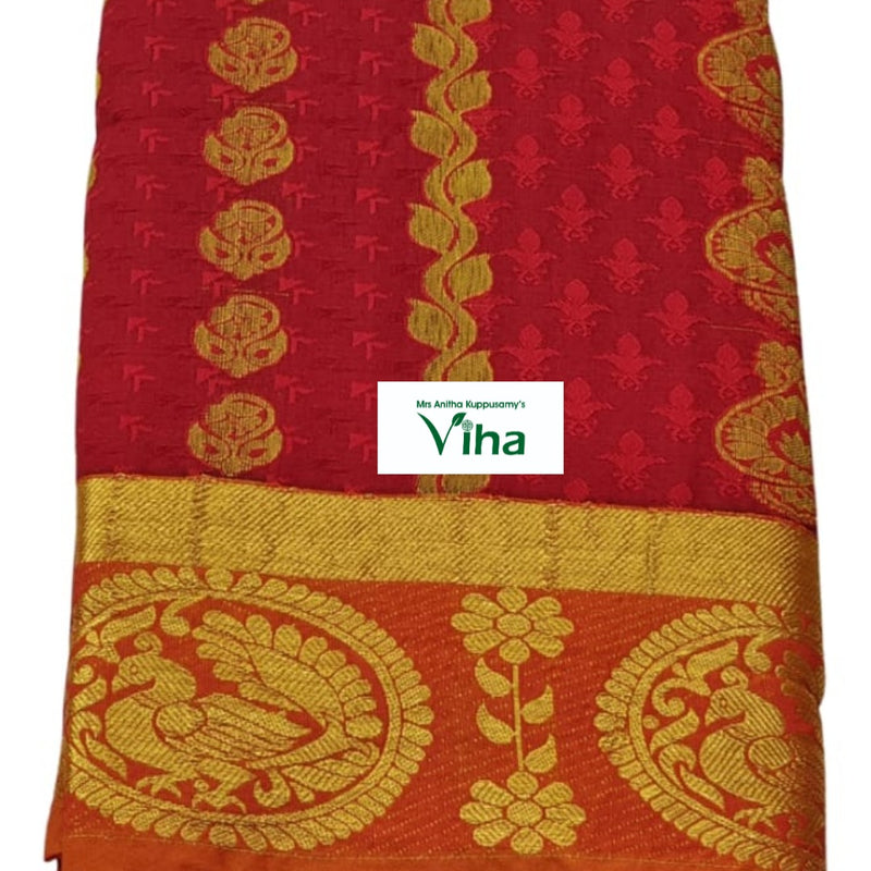 Silk Pavadai with running Blouse 8 to 16 years, repeating red flower patterns