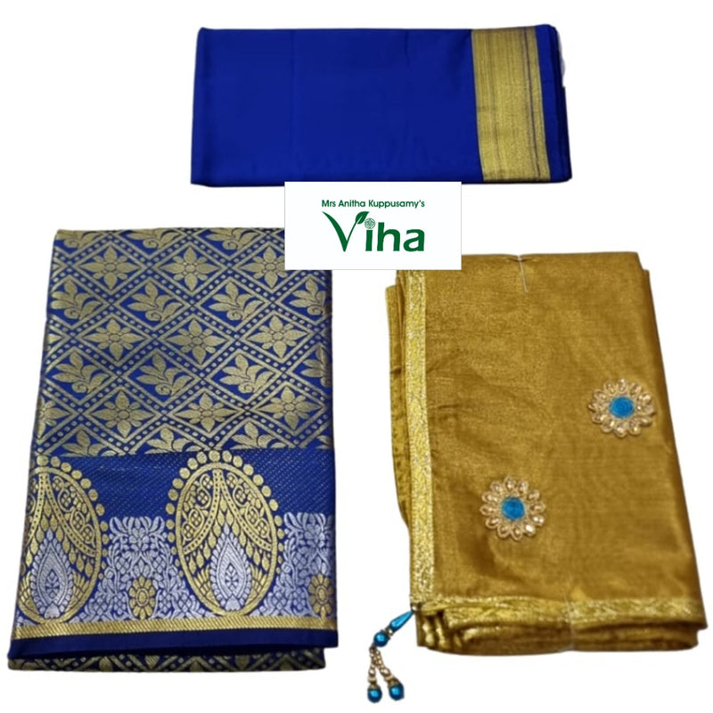 Apoorva Silk Half Saree Set with woven border pattern and decorative appliqués