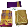 Apoorva Silk Half Saree Set, a folded purple textile with a gold-toned border, a checkered patterned textile, and a gold-toned textile with two floral appliqués