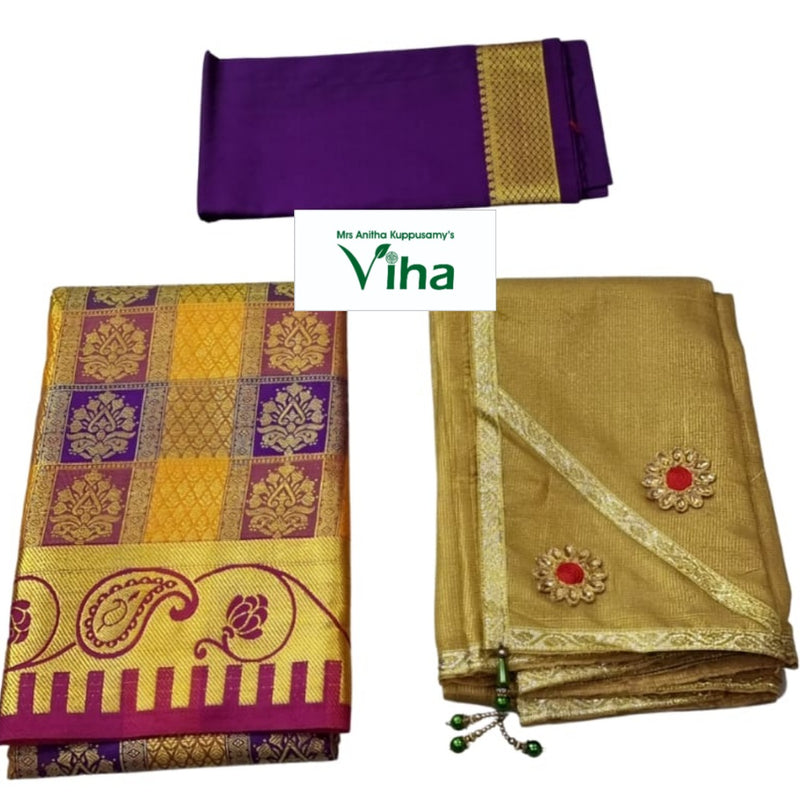 Apoorva Silk Half Saree Set, a folded purple textile with a gold-toned border, a checkered patterned textile, and a gold-toned textile with two floral appliqués