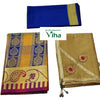 Apoorva Silk Half Saree Set, three folded fabric pieces in blue, yellow-blue-purple, and gold-toned with two red-centered floral appliqués and green beads
