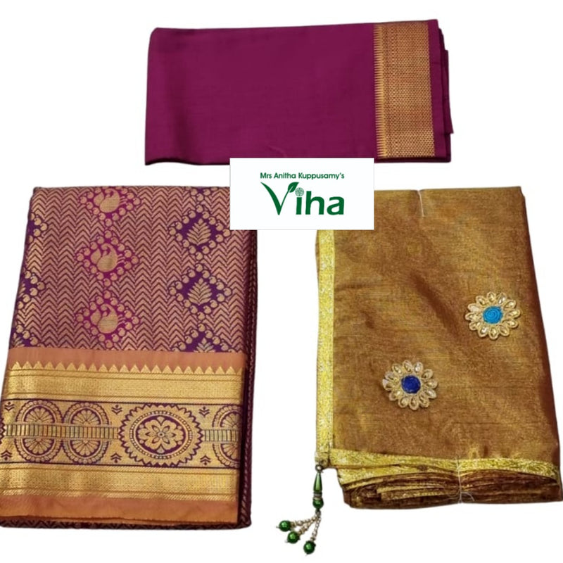 Apoorva Silk Half Saree Set with peacock motifs and decorative floral patches