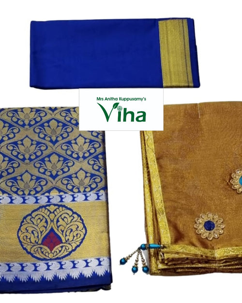 Apoorva Silk Half Saree Set, folded blue fabric with gold-toned borders, blue fabric with gold-toned floral pattern, and gold-toned fabric with blue stones