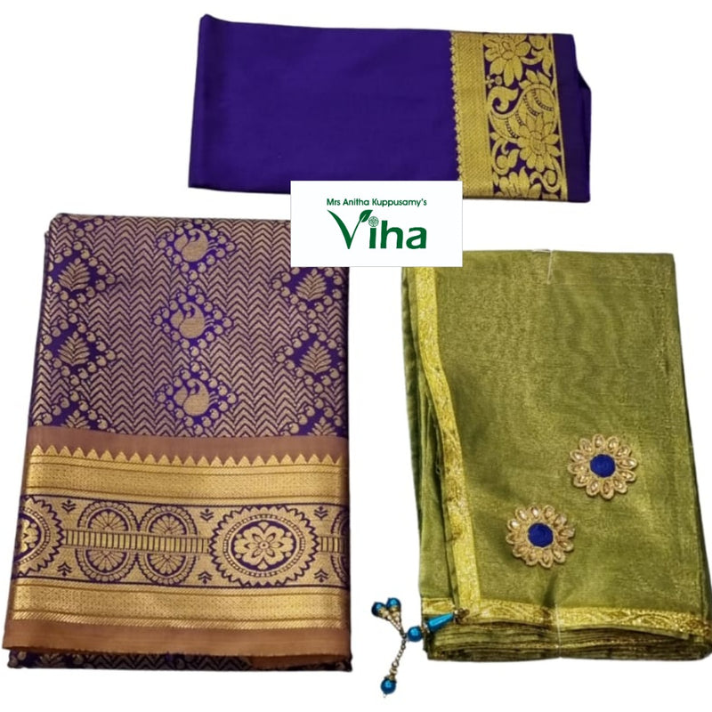 Apoorva Silk Half Saree Set with peacock motifs and flower shaped appliques
