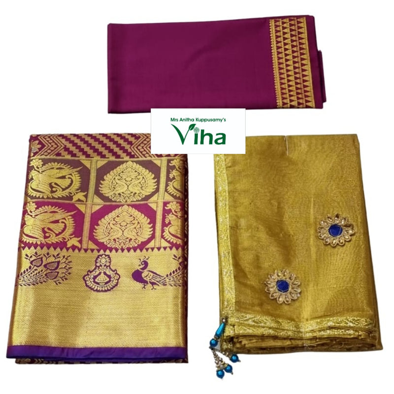 Apoorva Silk Half Saree Set with peacock motifs and floral embroidered patches