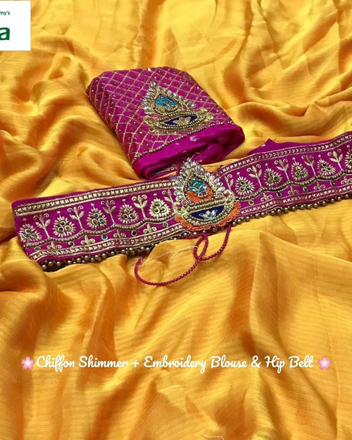 Chiffon Shimmer Saree with Beautiful embroidery work blouse & with hip belt, yellow and magenta