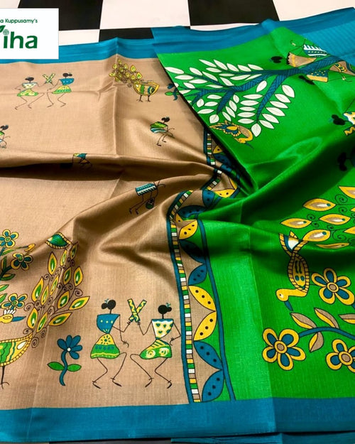 Soft Tussar Silk Saree with exclusive worli work & with blouse, folded beige and green fabric with painted peacock and human figures