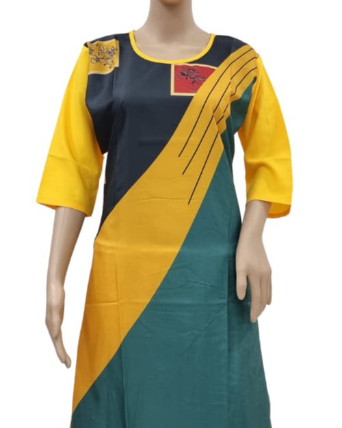 American Crepe Kurti Size :- XL in yellow, dark grey and green with diagonal colour blocking