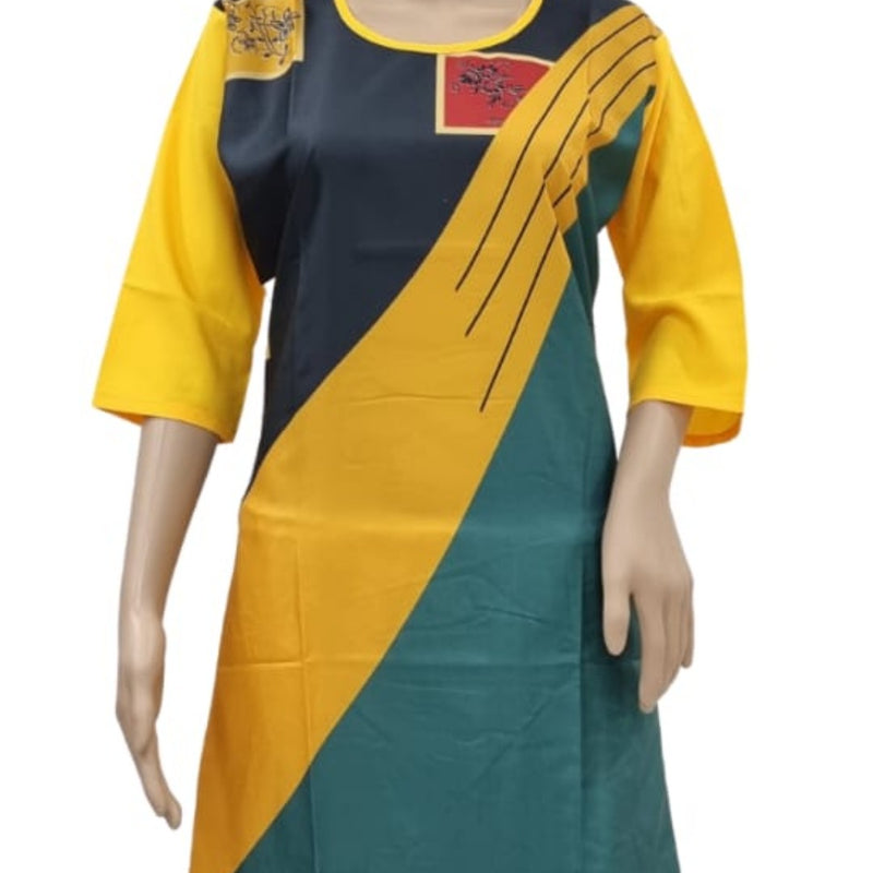 American Crepe Kurti Size :- XL in yellow, dark grey and green with diagonal colour blocking