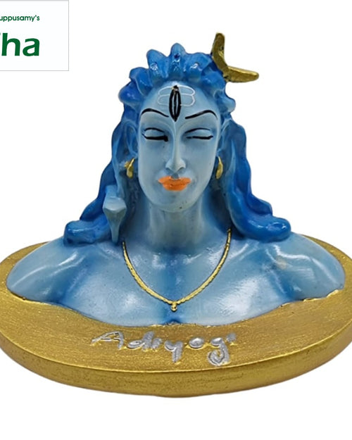 Adiyogi bust, pale blue face with flowing hair on an oval base lettered Adiyogi