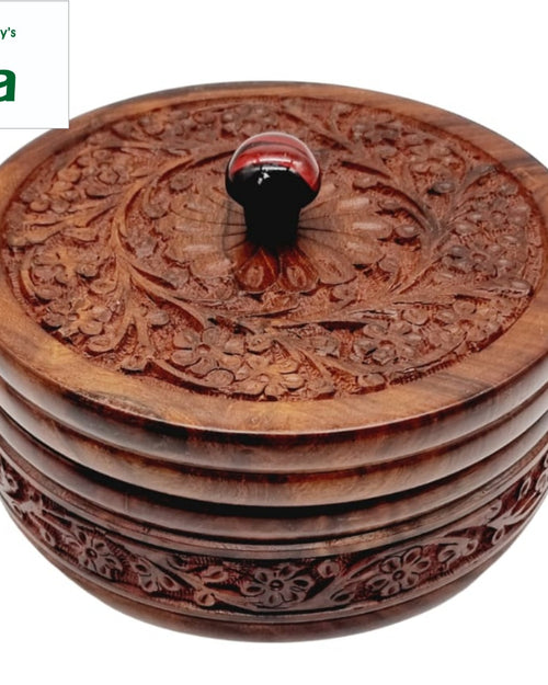 Wooden Chapati Storage Box Multi Purpose Wooden Box with carved floral pattern on the lid and side