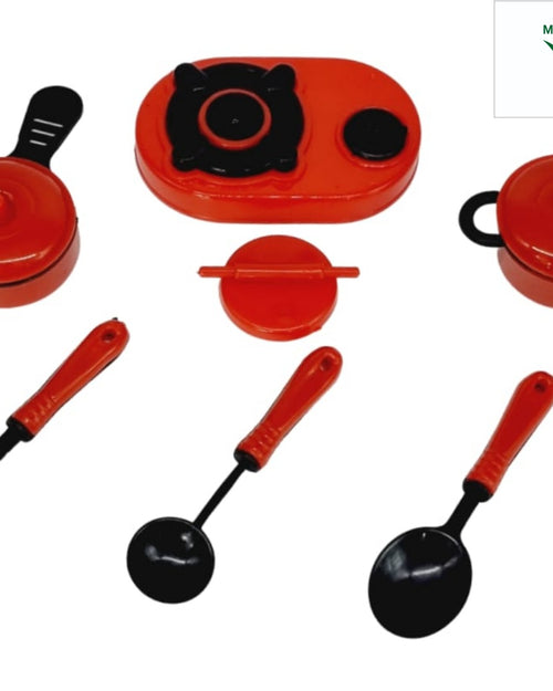Kitchen Set for Children, seven glossy red and black toy kitchen items including a stove, two lidded pots, a rolling pin, fork, ladle and spoon
