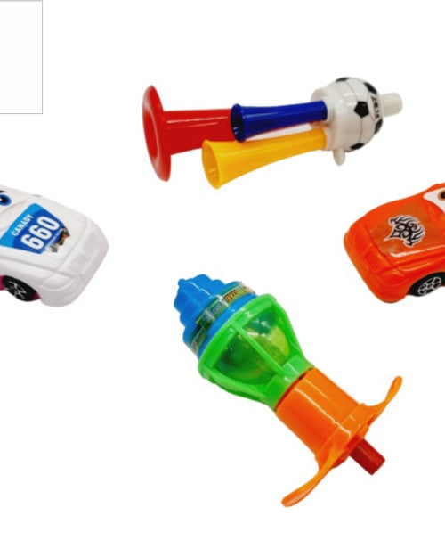 Triple whistle,Cars ,Pambaram, a white toy car, an orange toy car, a colorful multi-horn piece, and an orange and green spinning top toy