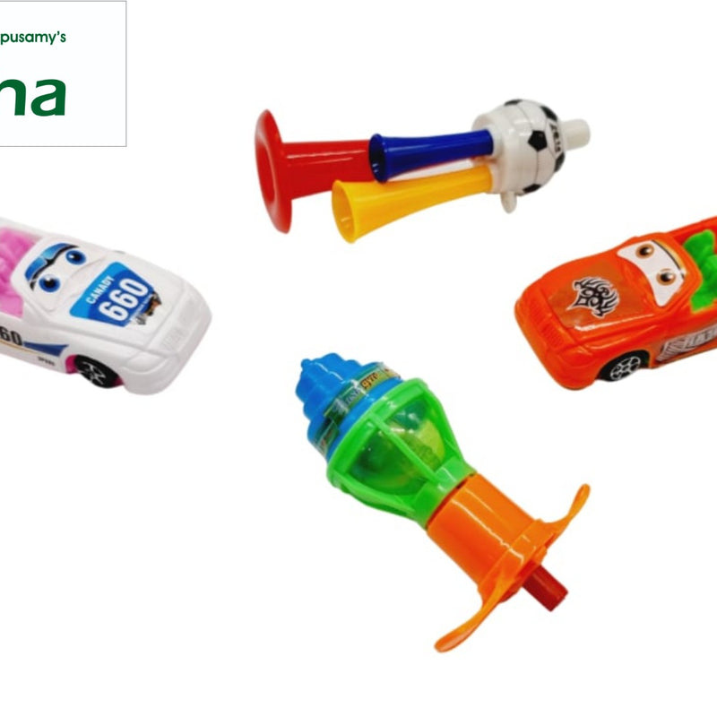 Triple whistle,Cars ,Pambaram, a white toy car, an orange toy car, a colorful multi-horn piece, and an orange and green spinning top toy