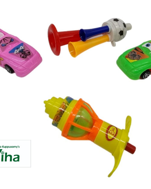 Triple whistle,Cars ,Pambaram, four colorful plastic toys including two toy cars, a multi-colored horn, and a yellow top