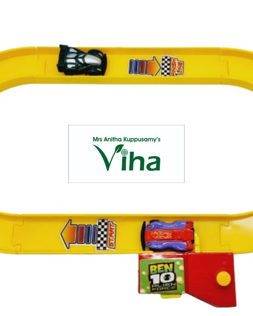 Ben10 Racing Set, a yellow oval racetrack with two cars, a red launch unit with a yellow button, and start and finish line decals on the track